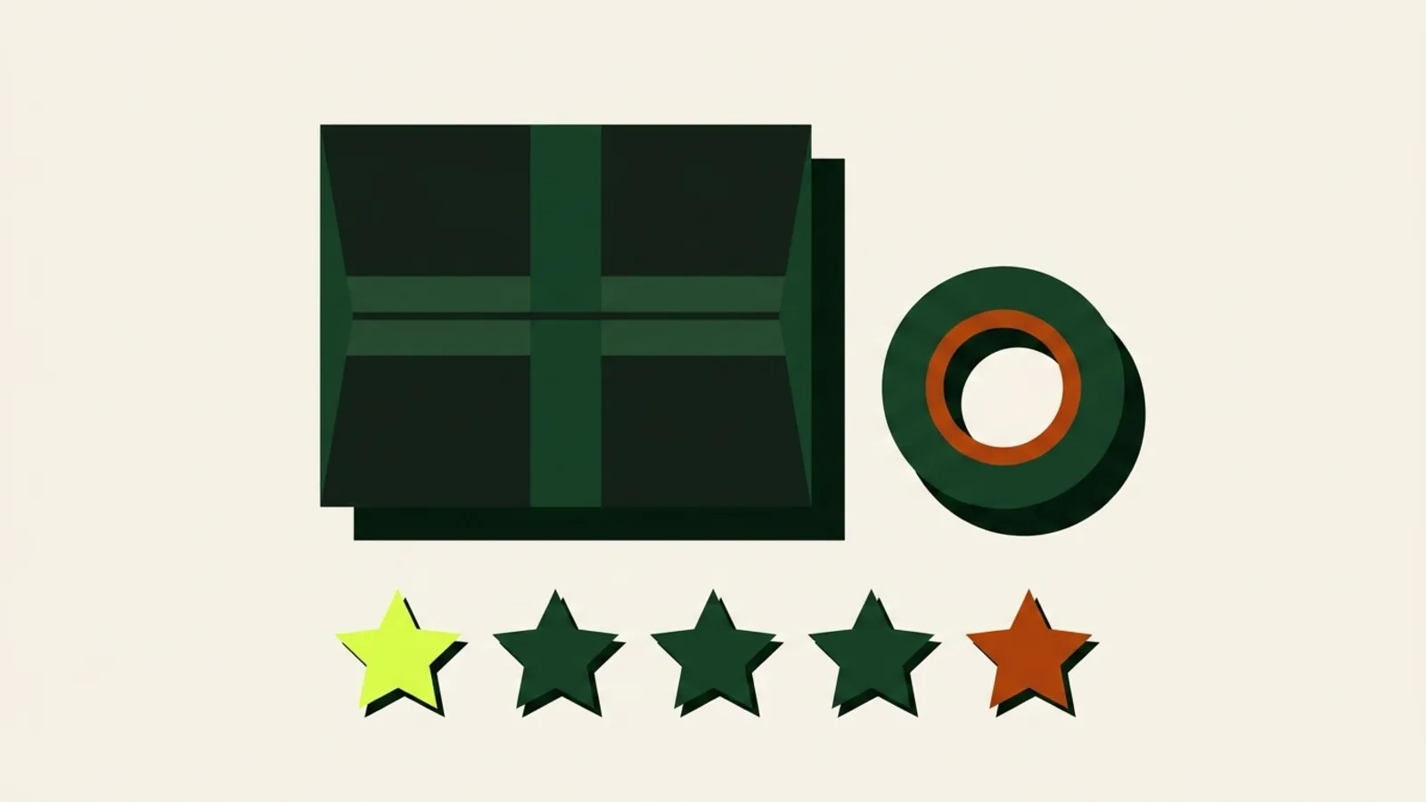 A cut-paper illustration seen from above: a sealed postal box, a roll of packing tape, and a row of five flat stars with the last one orange.